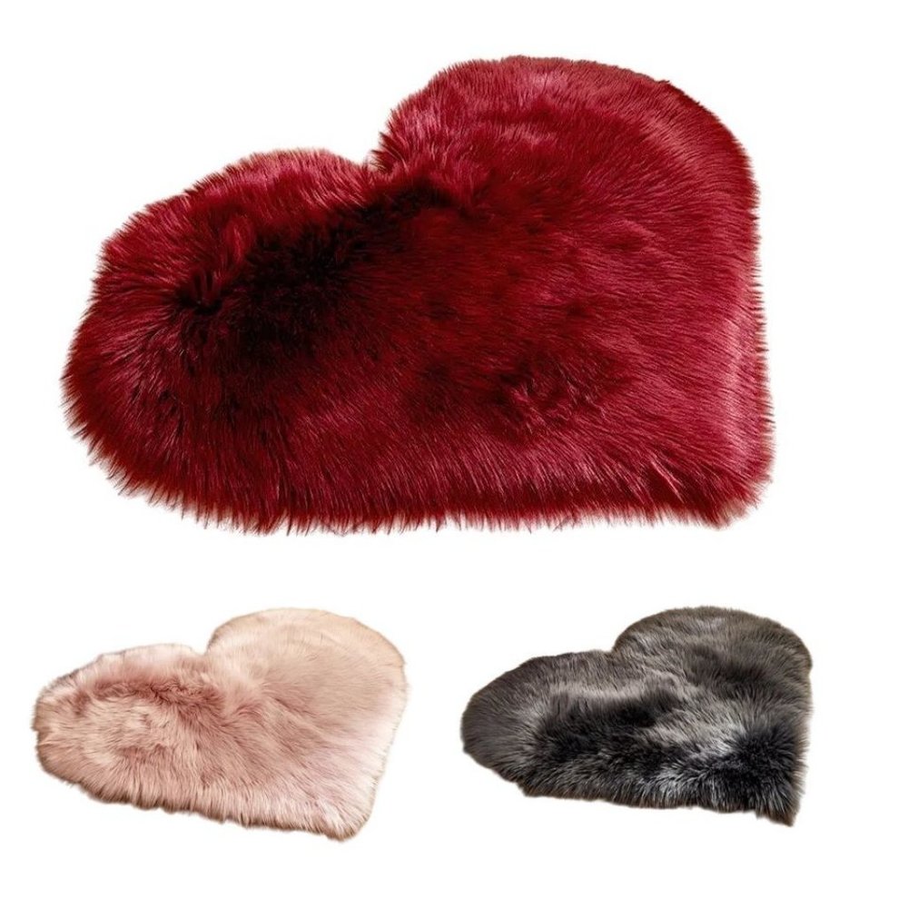 Natasha Amore Red Maroon Small Fluffy Heart Shaped Rug Mat - Picture 2 of 7